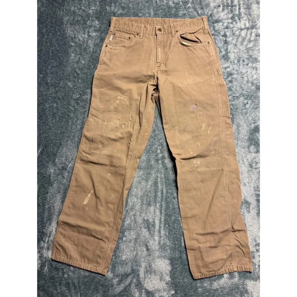 Carhartt Carpenter Work Pants Mens 35x31 Brown Canvas Stained Painter Utility